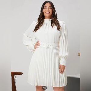 Shein plus mock neck lantern sleeve pleated hem buckled belted dress white